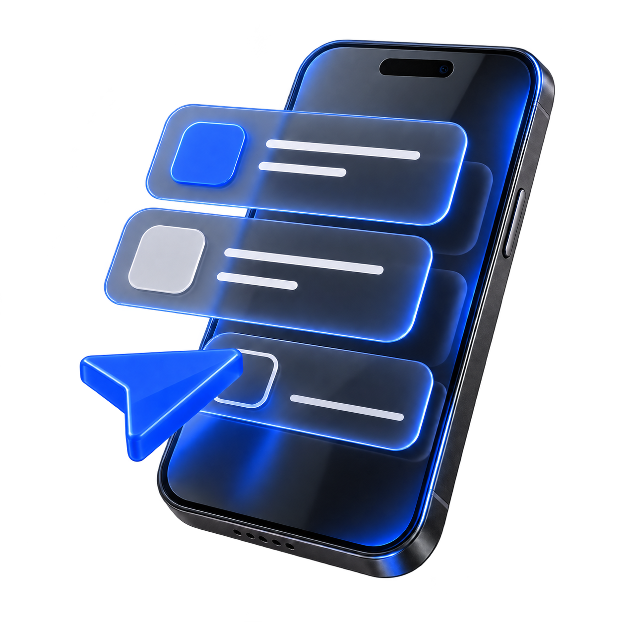 Telefone 3D com cartões de mensagens flutuando sobre a tela